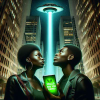 a man and woman standing in front of a green ufo flying over a city