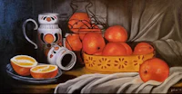a painting of oranges and a pitcher on a table