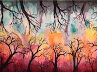 a watercolor painting of trees in a forest