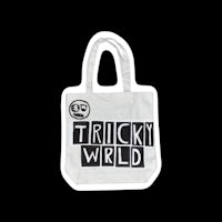 a white tote bag with the words'tricky world'on it
