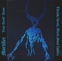 a black and blue drawing of a demon on a black background