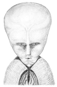 a black and white drawing of an alien head