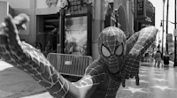 a black and white photo of a spider - man on the street