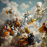 a painting of a skeleton in the clouds