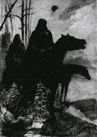 a black and white drawing of two people on horseback