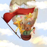 a hot air balloon with a giraffe and a teddy bear