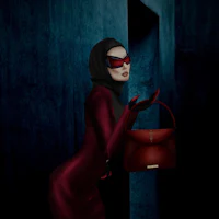 a woman in a red dress holding a red purse