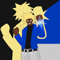 a cartoon character with blond hair and a blue jacket