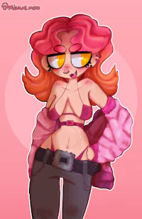 a cartoon girl with pink hair and a pink bikini