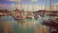 a painting of sailboats docked in a harbor
