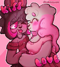 a couple of pink teddy bears kissing each other