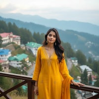 a woman in a yellow kurti standing on a balcony overlooking the mountains