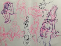 a sketch of a group of people and a guitar