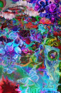 a psychedelic painting with colorful flowers and clouds
