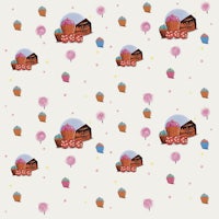 a pattern with cupcakes and balloons on a white background