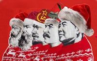 a group of men wearing santa hats and santa claus hats
