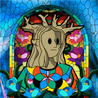 a cartoon image of a woman in a stained glass window