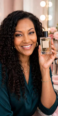 a woman holding a bottle of perfume in front of a mirror