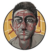 a drawing of a man with blood on his face