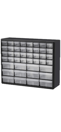 a black storage cabinet with many drawers