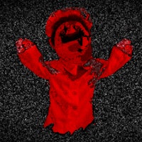 a red mannequin with his arms outstretched on a dark background