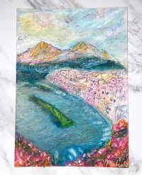 a painting of a city with a river in the background