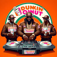 the dunkin donuts djs are posing in front of an orange background