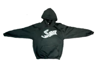 a black hoodie with a white logo on it
