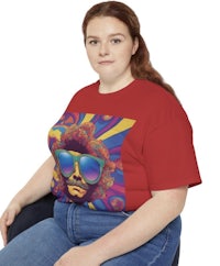 a woman wearing a t - shirt with a psychedelic image of a woman wearing sunglasses