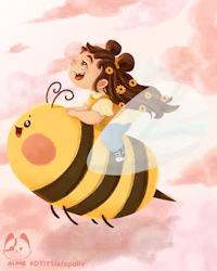 a cartoon girl riding a bee in the sky