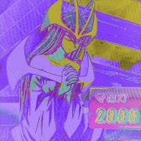 a purple and purple image of a woman holding a sword