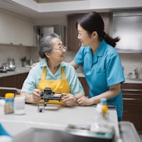 a nurse helping an elderly woman in the kitchen
