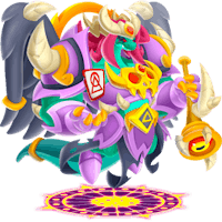 a cartoon character in purple and gold