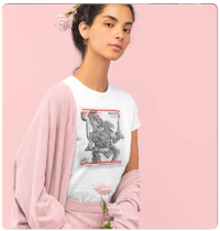 a woman wearing a t - shirt with a tarot card on it