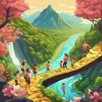 a group of people walking along a river with gold coins