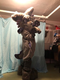 a mascot dressed as a wolf is standing in a room