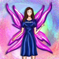 a girl in a blue dress with pink wings