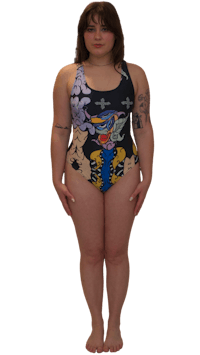 a woman in a one piece swimsuit with tattoos
