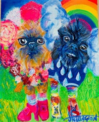 a painting of two dogs in a rainbow