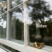 a window with a brass handle before and after