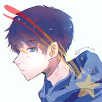 a boy with blue hair and a star in his hair