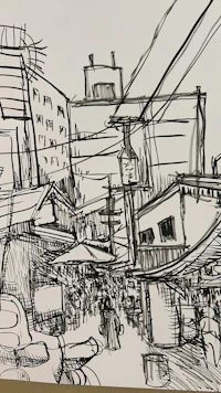a sketch of a street scene in a city