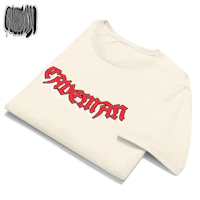 a white t - shirt with red writing on it