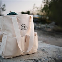A canvas tote bag sitting on a rock