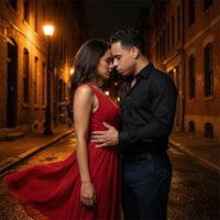a couple in a red dress embracing in an alleyway at night