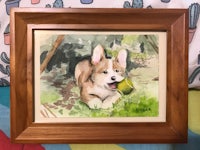 a watercolor painting of a corgi playing with an apple
