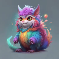 a colorful cartoon cat sitting on a gray background