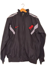a black nike jacket with a red logo on it