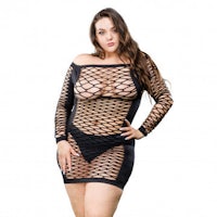 a woman is posing in a black fishnet dress