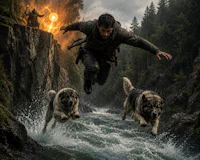 a man jumping over a river with two dogs in the background